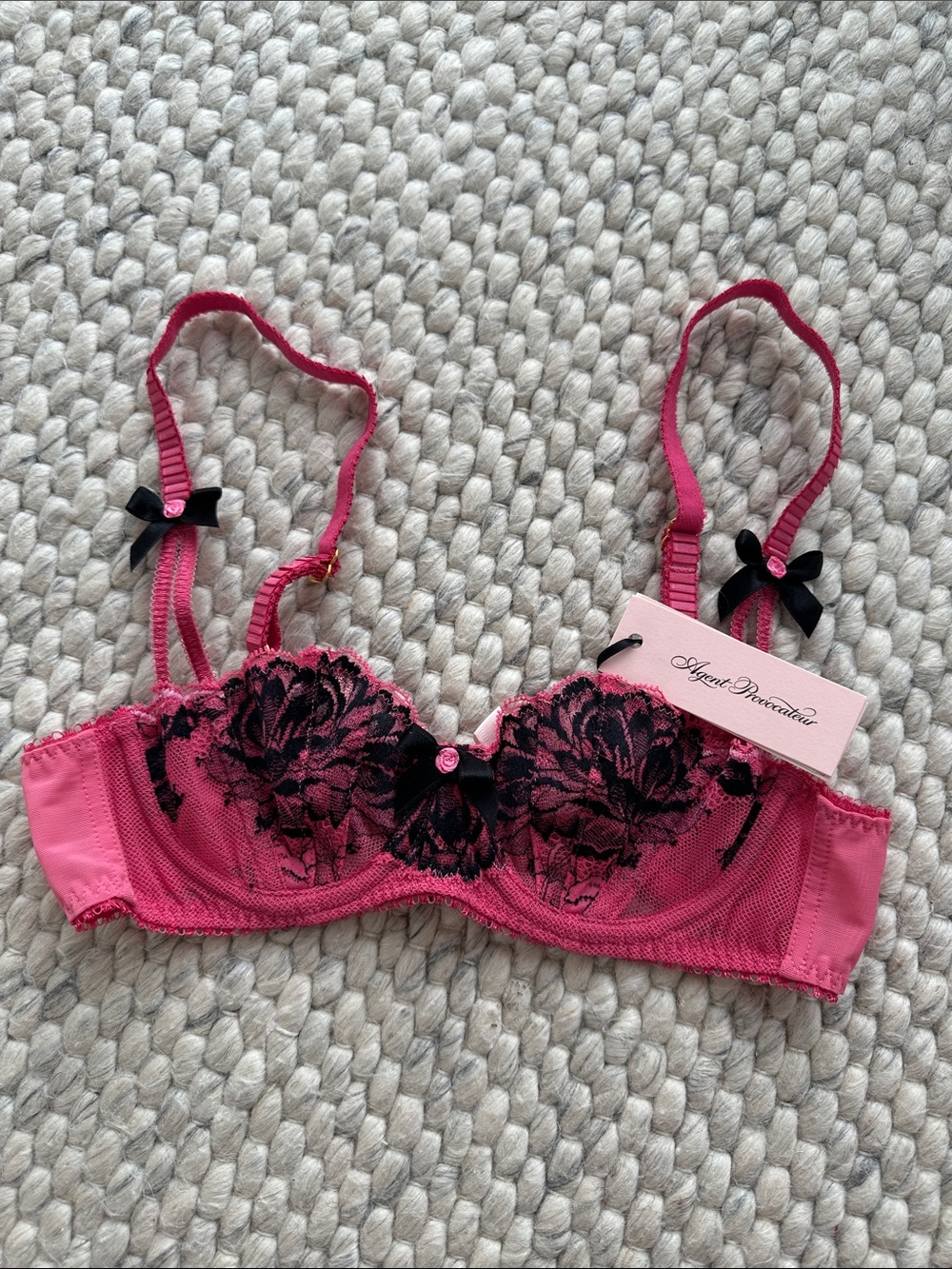 Agent Provocateur Hot Pink and Black Floral Lace Balcony Bra